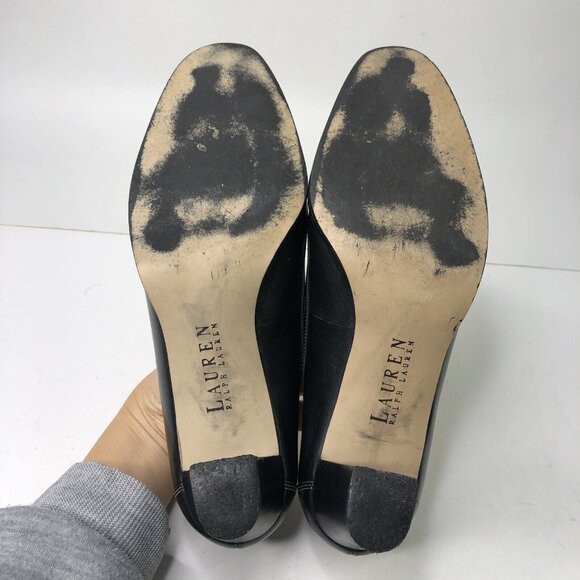 Ralph Lauren Black Leather Shoes Size 9 B Heeled Loafers Block Heels Bow Slip On - Picture 10 of 10
